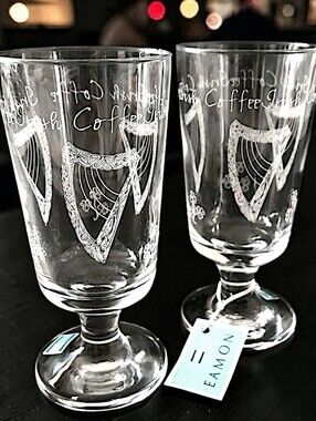 2 Eamon Glass Irish Coffee Cups Mugs Etched Ireland Liqueur Harps‎ Shamrocks NEW